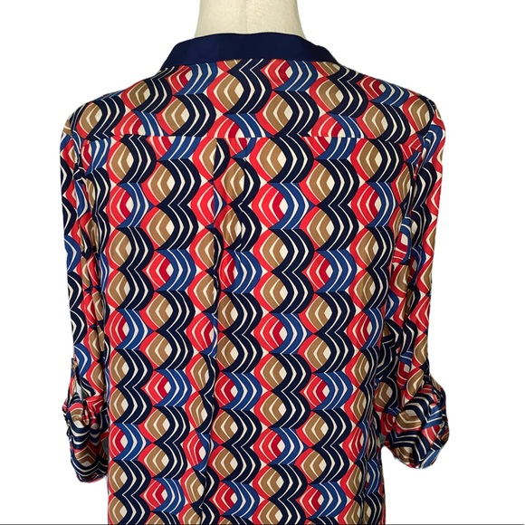 Alice & Trixie Silk Tan Blue Red Geometric Print Tunic Column Dress - M - Picture 6 of 9